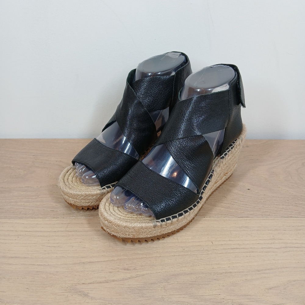 Eileen Fisher Sandals Womens 6 Black Leather Jute Espadrille Platform Wedge